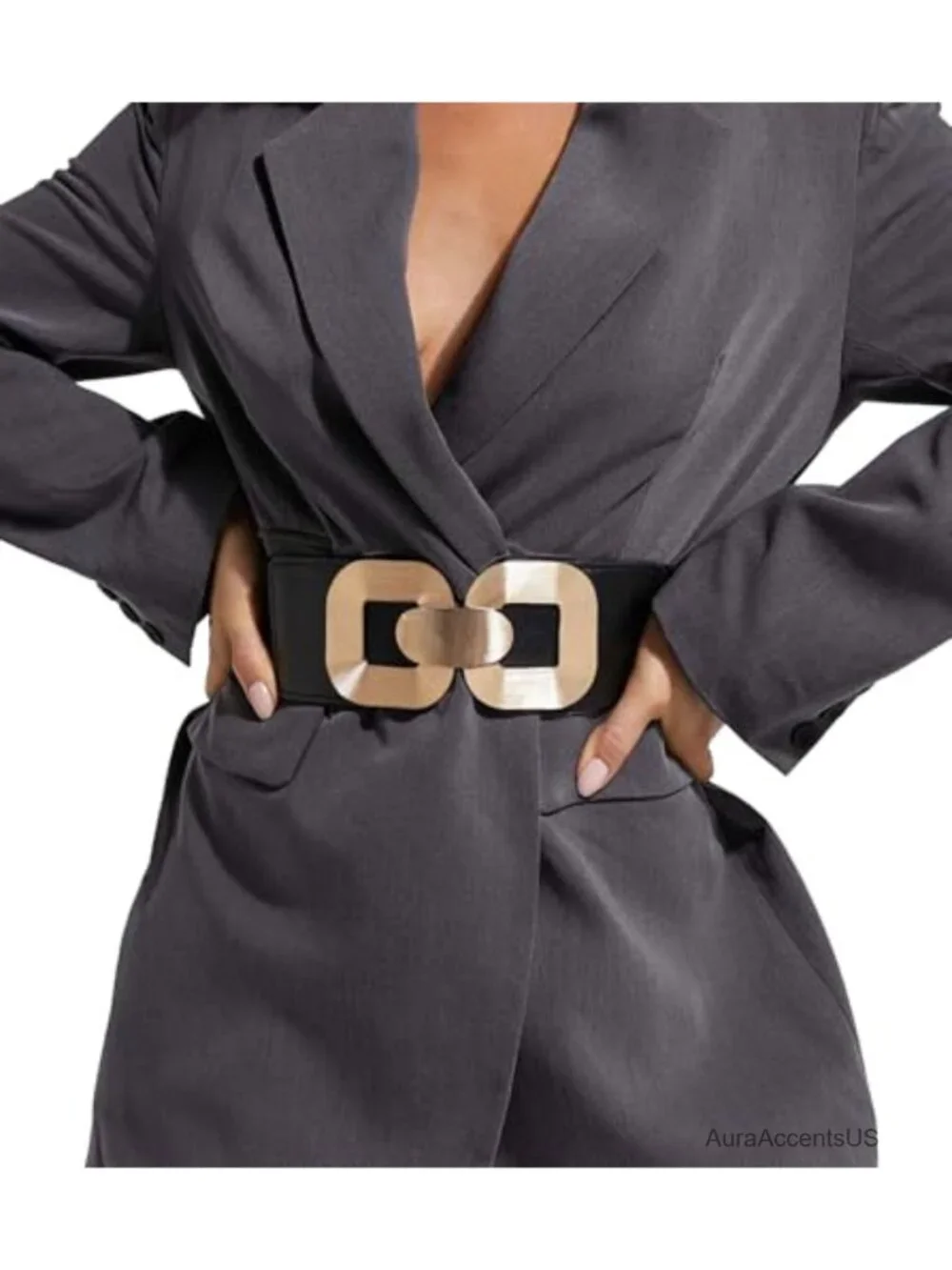 Wide Elastic Belt with Gold Buckle for Dresses